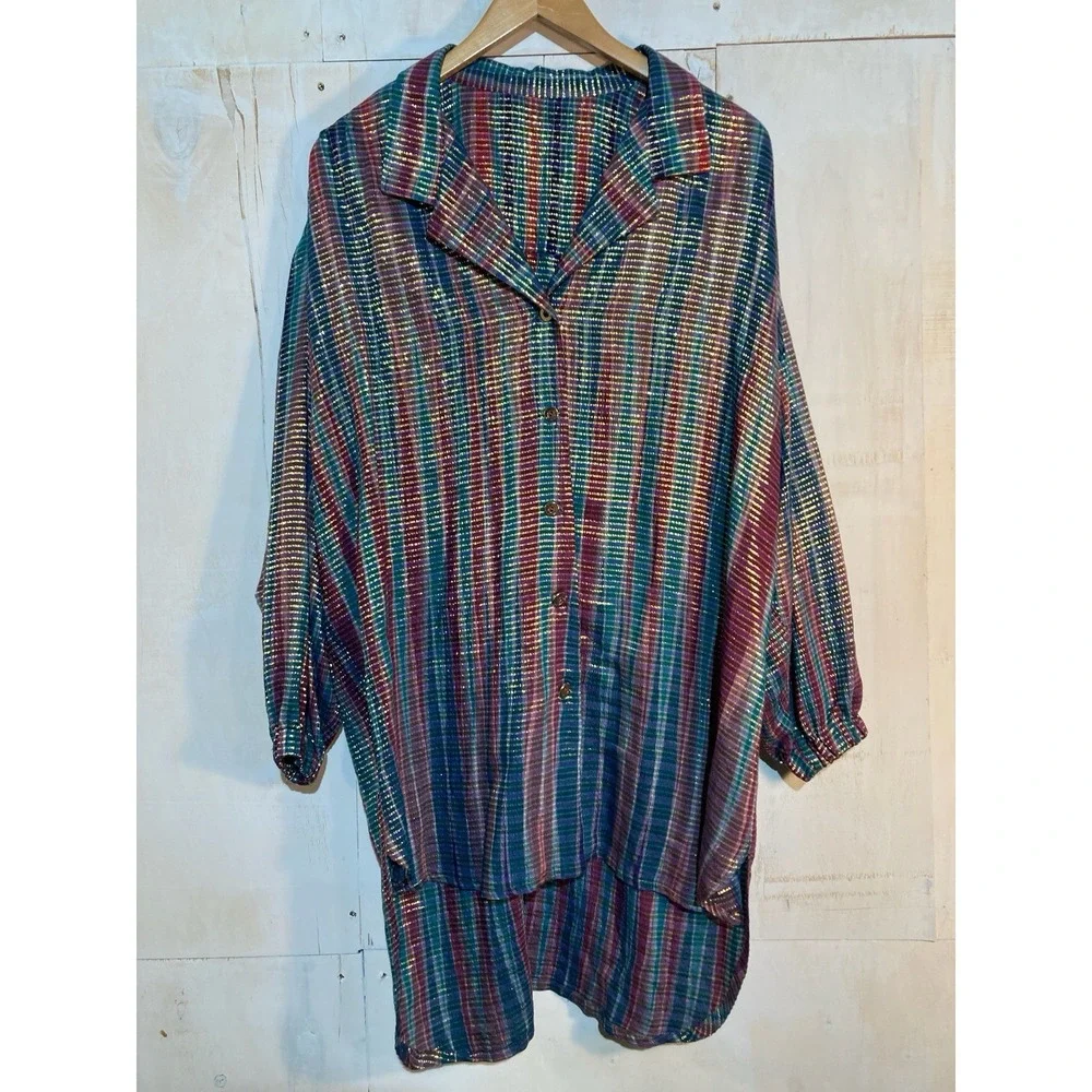 Handmade Button Down Shirt Women‎ Sz L Multi-Color Metallic Lurex Plaid Tunic - Picture 2 of 13